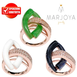 Anello con agata bianca,giada verde quarzo lunare e zirconi in argento rosè - Foto 1 di 13