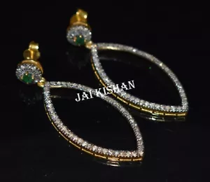 Smaragd Edelstein 925 Sterlingsilber Pave Diamant Viktorianisch Lang Ohrring - Bild 1 von 7