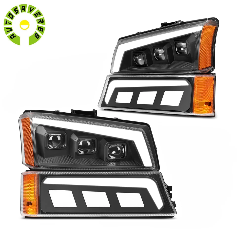 Black Projector Headlights + Bumper Lamps w/ LED DRL for 03-06 Chevy Silverado - Image 1 of 4