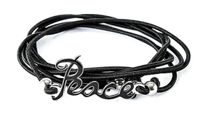 STAINLESS STEEL BLACK EMAMELED "PEACE" ON BLACK STRETCH CORD SLIP ON BANGLE - Picture 1 of 2