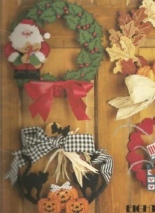Plastic Canvas Patterns Santa Holly Fall Leaves Black Cat Hearts Roses Vtg N89 - Picture 1 of 7