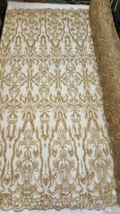 Gold Beaded Lace Fabric By The Yard Victorian Pattern Prom Gown Bridal Evening  - Picture 1 of 9