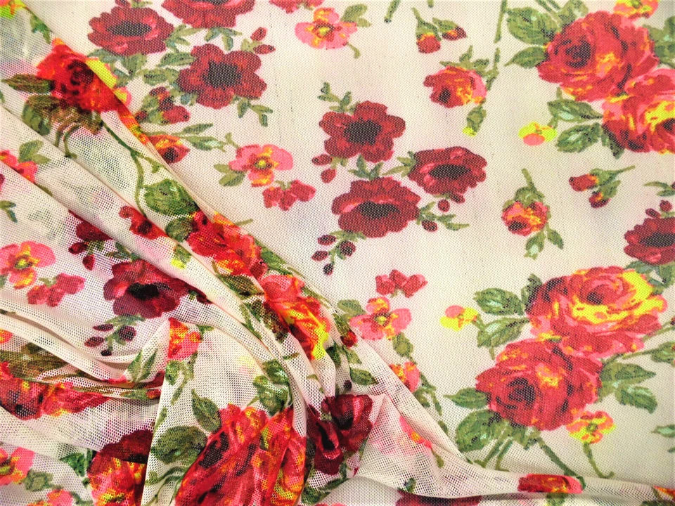 PowerNet Stretch Mesh Nylon Spandex Sheer Printed Red Neon Yellow Floral Z406 - Image 1 of 1