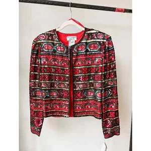 Chaqueta vintage PAPELL BOUTIQUE NIGHT para mujer roja/negra seda lentejuelas/cuentas talla M - Imagen 1 de 9