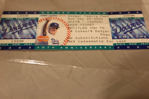 Los Angeles Dodgers 2002 Season Ticket Tommy LaSorda 40th Anniversary Meals Cover