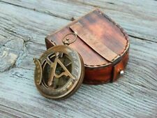 Nautical Brass Sundial Pocket Compass with Leather Case Vintage