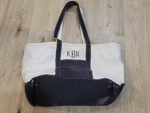 LL Bean Boat and Tote  Canvas Bag Faded 22x12 w/Black Straps KBR Monogram USA - Picture 1 of 12