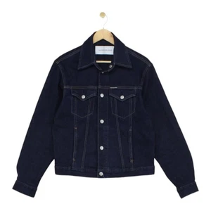 Calvin Klein Denim Jacket Womens Size S Dark Blue Embroidered Spell Out - Picture 1 of 14