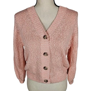 Loft Cotton Blend Knit Button Front V Neck Cropped Cardigan, Pink, XS NWOT - Picture 1 of 13