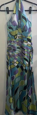 复古 Y2K Mary L. Couture 尺寸 S 蓝色绿色紫色丝绸串珠正装吊带 — 第 1/4 张图片