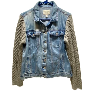 Jessica Simpson Denim Jacket Women's Large Blue Grey Knit Sleeves Western Coat - Picture 1 of 14