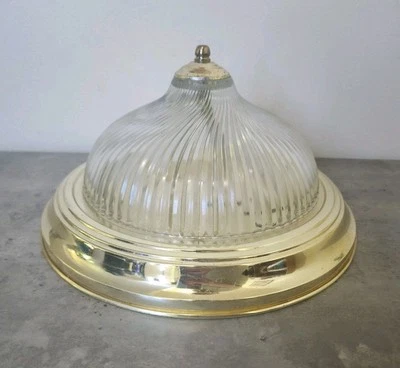 Ceiling Lamp Fixture Round Modern Ribbed Glass Polished Brass Base  - Image 1 of 4