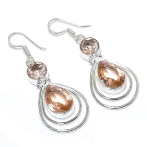 Peach Morganite Gemstone Handmade 925 Sterling Silver Jewelry Earring Size 2.25" - Picture 1 of 1
