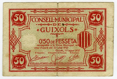 # SPAIN CIVIL WAR 1937 • GUIXOLS 50 CTS MUNICIPAL ☆ GUERRA CIVIL ESPAÑOLA ☆D0645 - Image 1 of 2