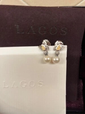 Pendientes colgantes de plumas en capas de perlas Lagos Luna de 8 mm de oro 925 y 18 quilates $375 nuevos con etiquetas Foto 1 de 4