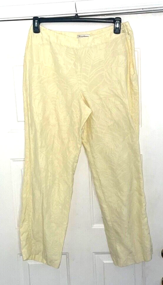 Calça feminina Tommy Bahama de linho de seda tamanho 12 direitos autorais tecido amarelo manteiga  - Imagem 1 de 4
