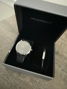 Emporio Armani AR80026 43mm Men's Black Leather Quartz Watch Gift Set For Him - Picture 1 of 6