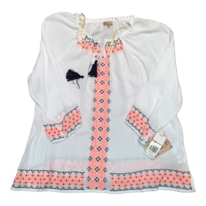 Democracy Top Shirt Blouse Womens 1X White 3/4 Sleeve Bohemian Cover Up - Picture 1 of 8