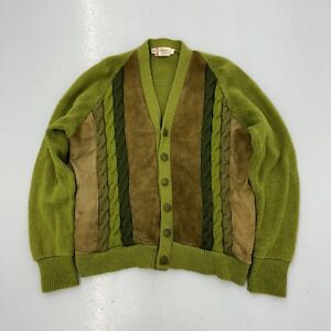 Vintage 60s Green Wool Suede Knit Cardigan Sweater Sz L