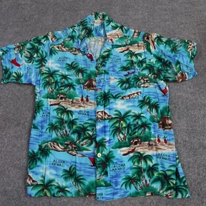 Island Fashions Hawaiian Shirt M Blue All Over Print Vintage 70s Aloha Hawaii - Picture 1 of 9