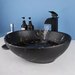 US Bathroom Vessel Sink Oval Ceramic Black Waterfall Deck Mount Mixer Basin Taps - Picture 1 of 15