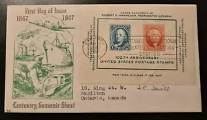 1947 FDC Centenary Souvenir Sheet Cachet Philatelic Exhibition New York NY - Picture 1 of 2