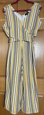 Mod X Striped Crop Jumpsuit Womens XL Yellow Black Faux Wrap Back Tie Modern - Image 1 of 4