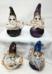 Porcelain Face Jester Lot Of Four Pin Cushions 1 Each Black, Red, Purple, Pink - Picture 1 of 16