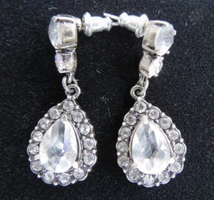LC Liz Claiborne Pewter Tone Rhinestone Teardrop Drop Earrings Pierced Ears EUC - Picture 1 of 2