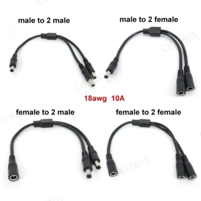 DC 1 male to 2 female Splitter Power adapter Cable 5.5x2.1 connector 18awg CB1 - Image 1 of 4