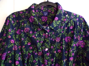 VTG Basic Editions Women Navy Blue Floral Corduroy Snap-Up Shirt Top Size 1X - Picture 1 of 4