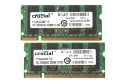 4 GB Crucial 4GB 2X 2GB 2 G DDR2 PC2 6400 800mhz 200pin Sodimm RAM Laptop Memory - Image 1 of 4