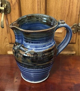Studio Art Pottery Artist Signed RH Drip Glaze Brown Blue Pitcher 7.75" - Picture 1 of 11