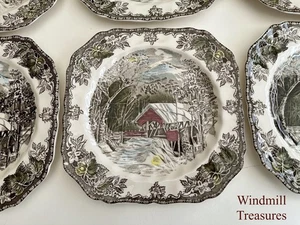 6 JOHNSON BROTHERS FRIENDLY VILLAGE COVERED BRIDGE SQUARE SALAD PLATES 8"- FAB - Picture 1 of 10