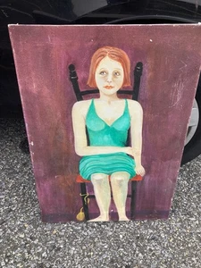 Primitive Oil On Canvas Portrait Painting Woman On Chair Naive Folk Wall Art - Picture 1 of 2