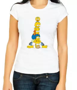 Simpson family The Simpsons, W/B  Women's 3/4 Short Sleeve T-Shirt H508 - Picture 1 of 5