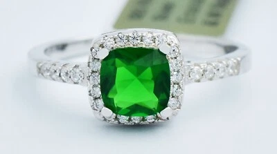 LAB CREATED 0.94 Cts EMERALD  & WHITE SAPPHIRE RING .925 Silver - Made in USA - Image 1 of 4