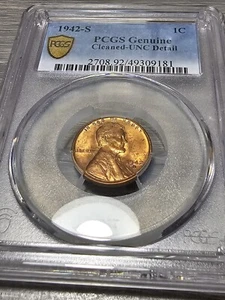 1942-S 1 Cent Wheat Penny PCGS GENUINE CLEANED UNC DETAILS BN. LOW POP AS A... - Picture 1 of 3