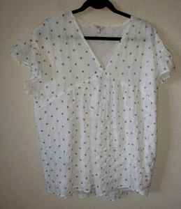 Entro Womens Size Xl Babydoll Tunic Top Short Sleeve White/black Gauze Boho - Picture 1 of 5
