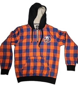 New York Islanders Royal/Orange Check Sherpa Flannel 1/4 Pullover Size Men's Med - Picture 1 of 20