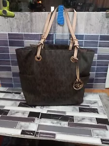 Michael Kors Signature Logo Leather Tote Double Handles Brown - Picture 1 of 8