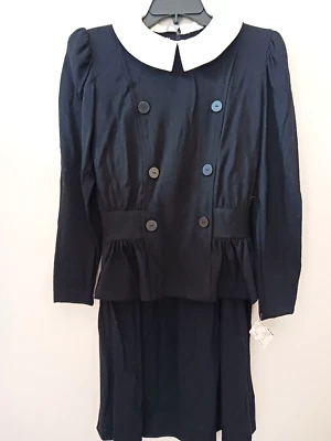 Vtg  The Kollection 6 Black Wool Jersey 2 Pc Dress White Collar Wednesday Addams - Image 1 of 4