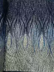 Multi-Color Fabric - Black/Silver/Lt Gold - Feather Shape Sequins Fabric By Yard - Picture 1 of 3