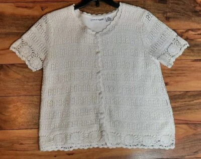 Croft & Barrow Short Sleeve Crochet Button Up Blouse Size MP Lined Cottagecore - Image 1 of 4
