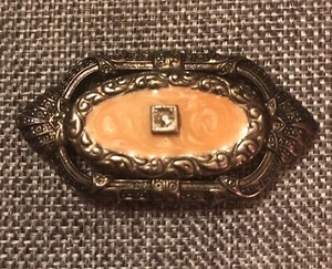 Vintage Art Deco Enamel Rhinestone Framed Pin Brooch French Coral Pink - Picture 1 of 4