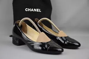 CHANEL Glossy Pumps Black Patent Leather Gold Logo Shoes US 8.5 UK 6.5 EU 40 - Picture 1 of 14
