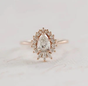 Antique 2 CT Halo Pear Cut MOISSANITE Stone Cluster 14k Solid Rose Gold - Picture 1 of 10