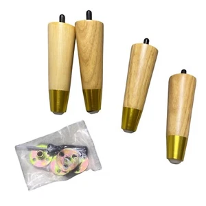 Furniture Legs Replacement Wood Legs with Mounting Plates Gold Tone - Picture 1 of 4