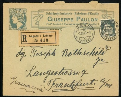 Switzerland Lugano 1923 Registered Commercial Cover Postage to Germany Frankfurt - Image 1 of 2