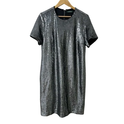 Lauren Ralph Lauren Sequined Shift Mini Dress Size 12 Silver Cocktail Event NWT - Image 1 of 4